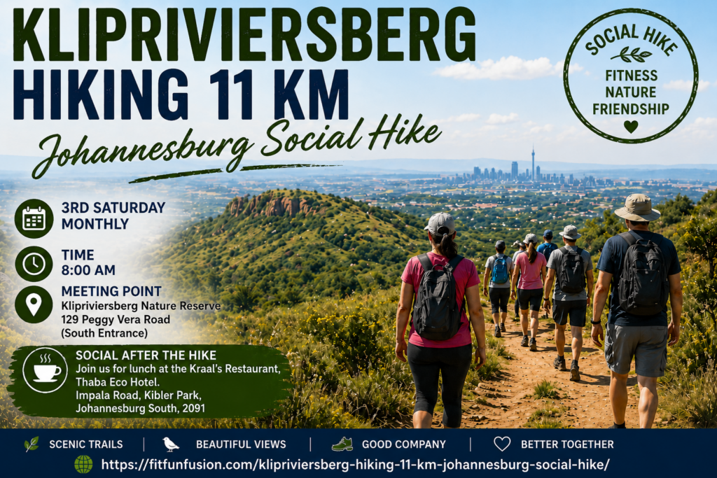 Hikers enjoying the Klipriviersberg Hiking 11 km Johannesburg Social Hike with scenic views over Johannesburg from Klipriviersberg Nature Reserve.