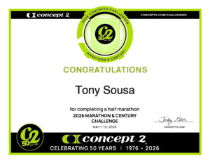 Concept2 Rowing Half Marathon completion certificate from the Global Marathon and Century Challenge