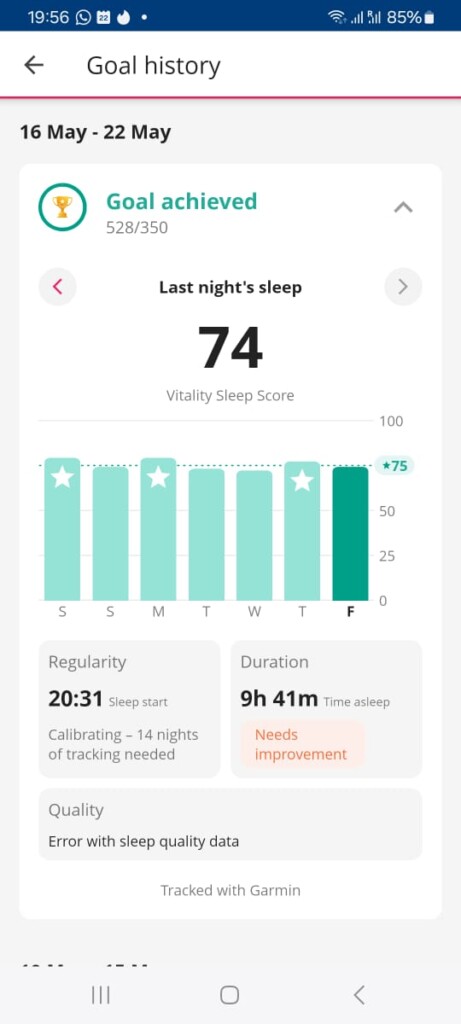 Discovery Vitality Sleep Rewards score of 528 out of 350 for Week 2