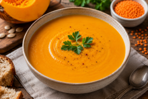 Creamy healthy pumpkin and red lentil soup blended until smooth