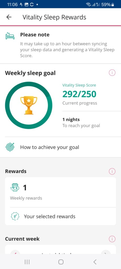Discovery Vitality Sleep Rewards weekly goal achieved