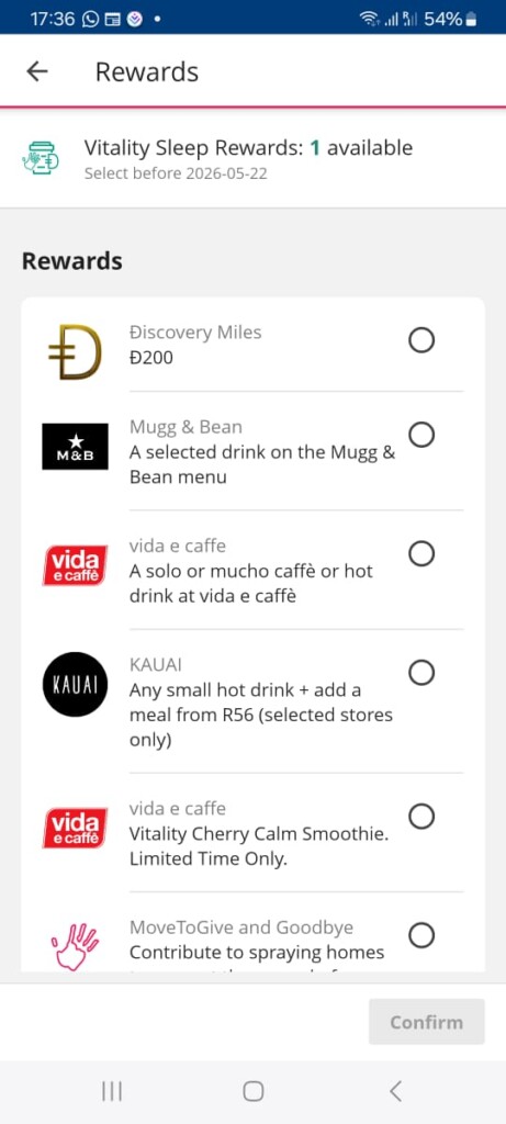 Discovery Vitality Sleep Rewards options available