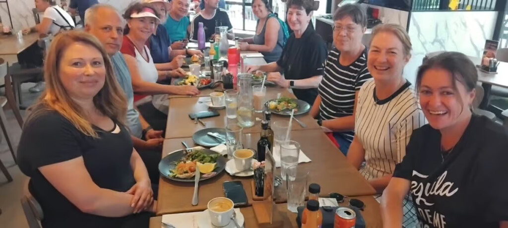 Members of our walking group enjoying brunch together at Bembom Bedfordview after a group walk.