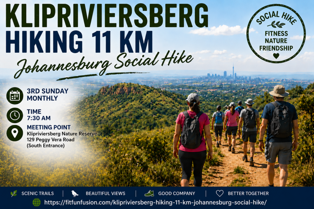 Hikers enjoying the Klipriviersberg Hiking 11 km Johannesburg Social Hike with scenic views over Johannesburg from Klipriviersberg Nature Reserve.