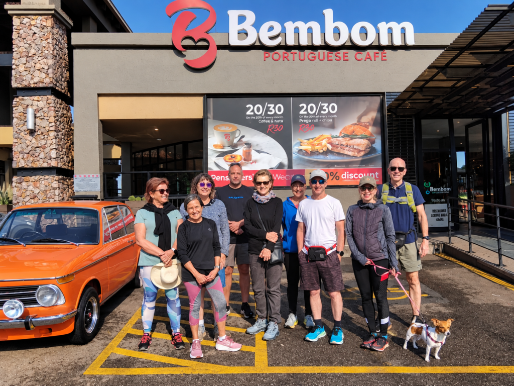 Bedfordview walking group posing outside Bem Bom Portuguese Café before the 7 km group walk.