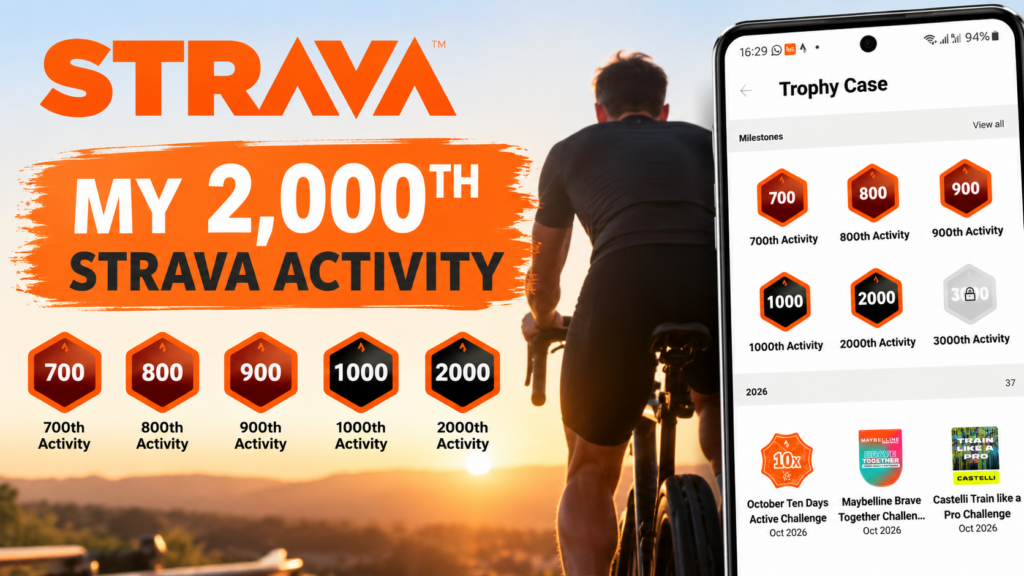 Landscape graphic celebrating my 2,000th Strava activity with cycling imagery and activity milestone badges.
